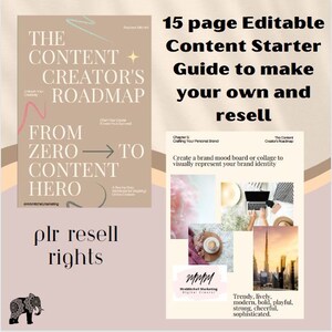 以下が含まれることがあります： ピンクと白のデジタル製品の表紙に、「The Content Creator's Roadmap: From Zero to Content Hero」というテキストが書かれています。表紙には、右を指す矢印のグラフィックも含まれています。「plr resell rights」というテキストは、表紙の下部に書かれています。表紙は、ピンクと白のデジタル製品の表紙の隣にあり、「15 page Editable Content Starter Guide to make your own and resell」というテキストが書かれています。表紙には、「Chapter 6: Crafting Your Personal Brand」と「Create a brand mood board or collage to visually represent your brand identity」というテキストも含まれています。表紙には、ラップトップ、コーヒーカップ、ピンクの羽根、高い建物など、画像のコラージュも含まれています。