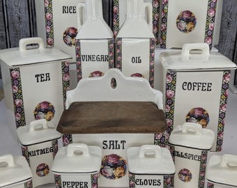 Antique Porcelain Kitchen Canister Set Vintage Czech Art Nouveau 15pc Large Ceramic Spice Jars White Floral Rose Rare Complete Collection