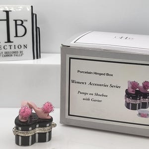 Midwest of Cannon Falls PHB Porcelain Hinged Box - Pink Pom Pom Pumps on Shoebox with Garter Trinket Box