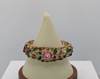 Vintage Style Gold Floral Filigree Bangle, Alilang Multi-Color Crystal Flower Garden Hinged Cuff Bracelet, Statement Costume Jewel