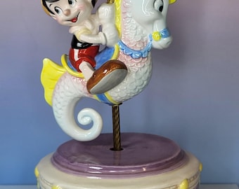 RARE Vintage Schmid Disney Pinocchio Seahorse Music Box | 1980s Porcelain Carousel Figurine | "I've Got No Strings" | Works Great | Japan