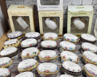 Set of 30 Imperial Porcelain Hinged Trinket Boxes with Individual Bible Verses. Made in China.