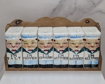 Rare Vtg 1950s Royal Sealy Happy Chef Spice Set - 6pc w/ Wall Rack - Excellent Condition - Hangable - Complete Set with Stickers and Corks