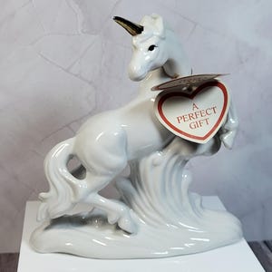 Vintage 80s White Porcelain Unicorn Figurine with Gold Horn | Rearing Unicorn Statue with Tag | Fantasy Decor Gift