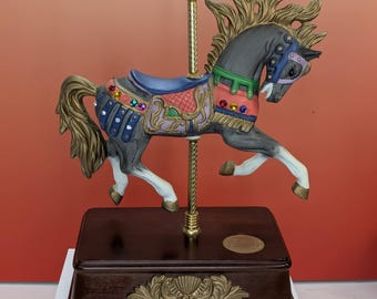 Vintage 1988 San Francisco Music Box Co. Carousel Horse | Limited Edition "Winter" Four Seasons | Grey & Gold Hand-Painted Porcelain | Works