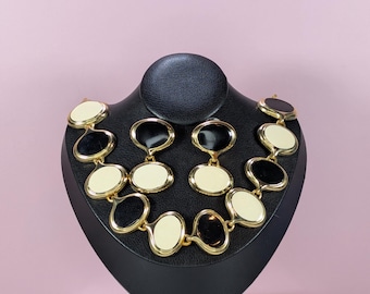 Vintage Gold Enamel Chunky Link Necklace Earring Set, 1980s Retro Modernist Cream Black Oval Collar 18 Inch Anne Klein Style Costume Jewelry