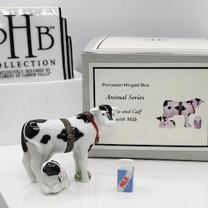 Cow and Calf with Milk Porcelain Hinged Trinket box from the Animal Series. Made by Midwest of Cannon Falls.