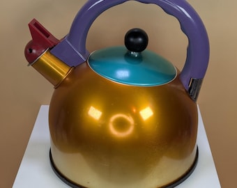 Vintage 1980s Cook Vessel Teapot by Yoshiharu Fuwa • Rare 3-Tone Whistling Tea Kettle • Postmodern Memphis Milano Design • Anodized Aluminum