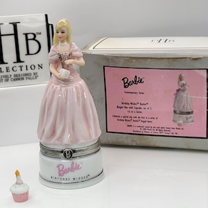 Birthday Wishes Barbie porcelain hinged box with cupcake trinket. First in a series of two. Made by Midwest of Cannon Falls.