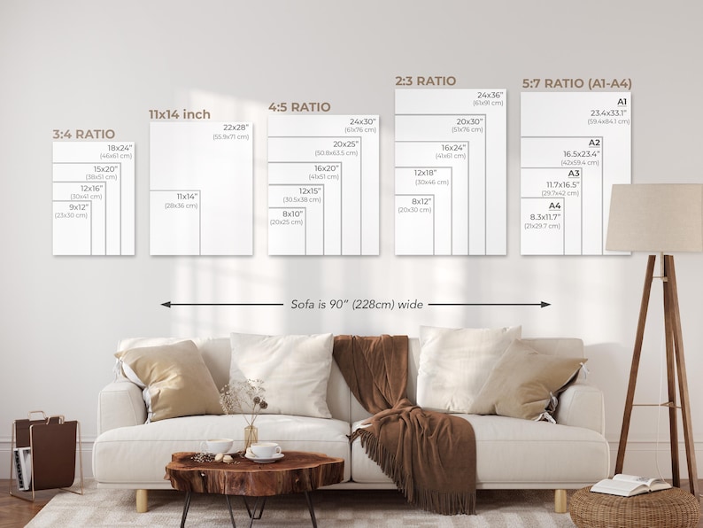 May include: A display of various print sizes and ratios, including 3:4, 11x14 inch, 4:5, 2:3, and 5:7 (A1-A4). The sizes are displayed above a white sofa with a brown throw blanket and a wooden coffee table. A floor lamp is on the right.