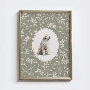 May include: Framed print with a detailed illustration of a white dog in an oval frame. The background is sage green with a delicate floral pattern. The frame has a gold tone.
