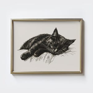 Cat Sketch Print, Vintage Dog Wall Art, Black Cat Sleeping Drawing, Cat Art, Cat Owner Gift, Rustic Cat Art, Farmhouse Wall Decor