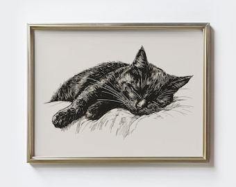 ヴィンテージ スノーシュー 猫 スケッチ ペット ドローイング ミニマル