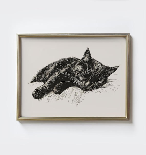 Cat Sleeping Sketch Print: Vintage Black Cat Drawing Poster - Rustic Farmhouse Nursery Wall Art