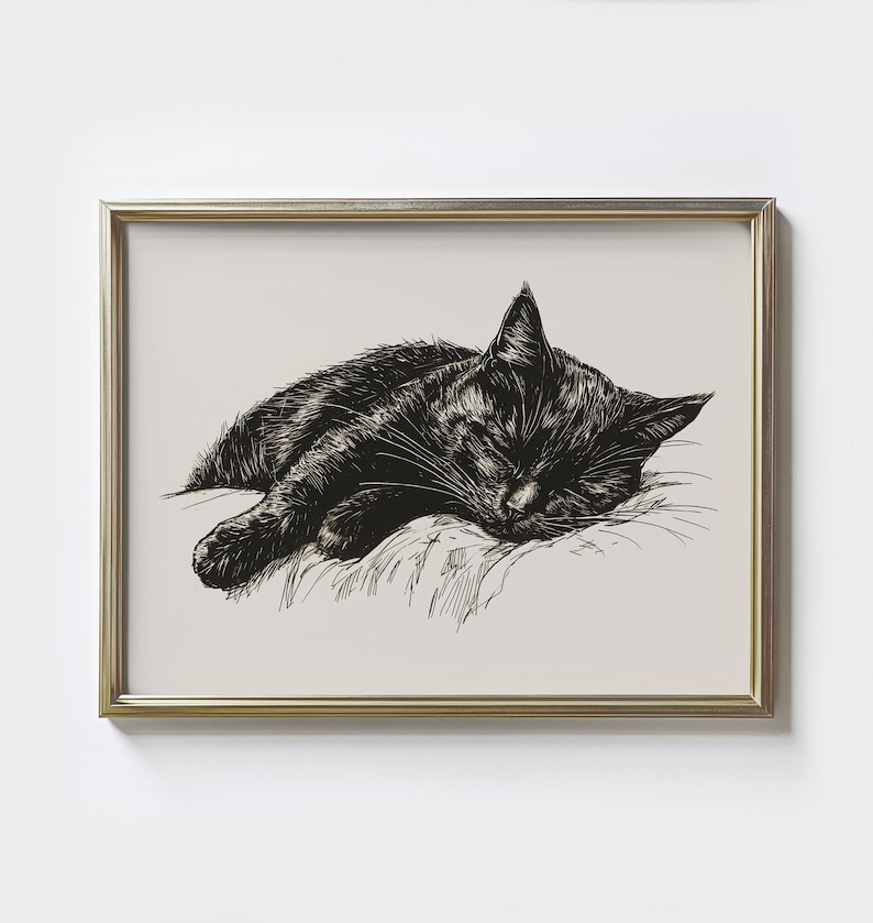 Cat Sleeping Sketch Print: Vintage Black Cat Drawing Poster - Rustic Farmhouse Nursery Wall Art image 1