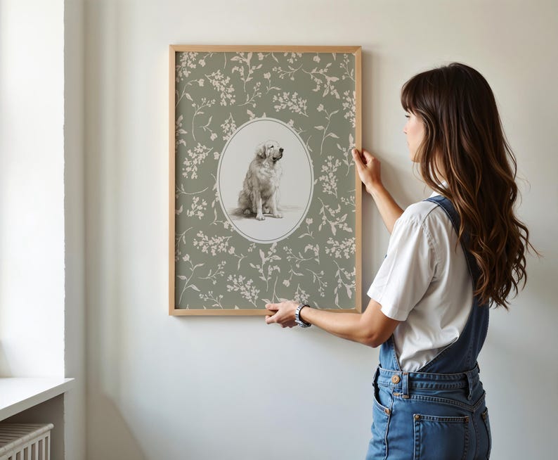 May include: A framed print with a dog portrait in an oval, set against a sage green floral design. The wooden frame complements the artwork. The print is being held up against a white wall.