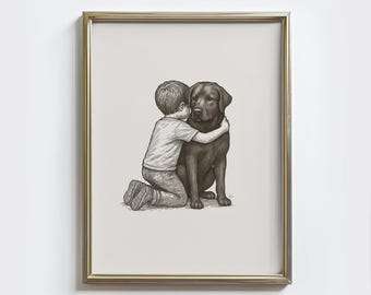 Labrador and Boy Vintage Sketch Print: Black Lab Dog Drawing Art - Nursery Wall Decor