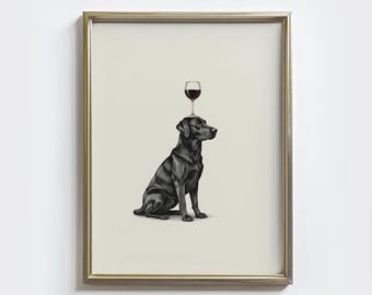 Black Labrador & Wine Wall Art, Funny Dog Sketch, Rustic Bar Cart Print (Digital Download)