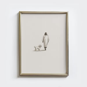 Puede incluir: Una impresión artística enmarcada que presenta un boceto de una persona y un perro pequeño. La persona, vista desde atrás, lleva una túnica larga. El perro es de raza pequeña y esponjosa. La obra de arte está en una paleta de colores neutros.