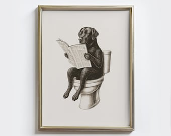 Peut inclure: Impression encadrée d'un Labrador Retriever noir assis sur des toilettes et lisant un journal. L'œuvre est une illustration en noir et blanc sur le thème de l'humour. Le cadre est doré.