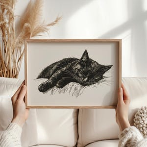 May include: Black and white line art print of a cat sleeping on a pillow. The print is framed in a light wood frame.