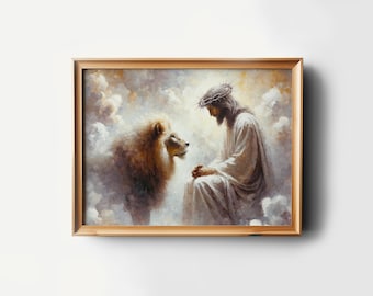 Jesus and Lion Oil Painting Art, Lion of Judah Print (Digital Download)