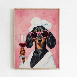 Arte mural de perro salchicha y vino / Cuadro de perro / Lámina para baño / Regalo para perro / Decoración de baño moderna / Póster de perro / Decoración rosa / Arte mural preppy