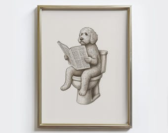 Funny Goldendoodle Bathroom Print: Vintage Dog on Toilet Art (Digital Download