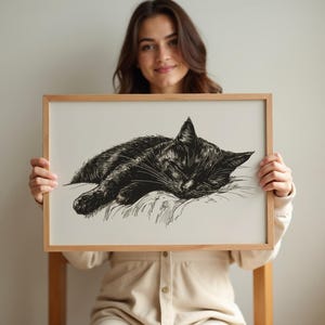 May include: A black and white line drawing of a cat sleeping on a pillow. The drawing is framed in a light wood frame.