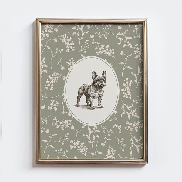Vintage French Bulldog Print: Botanical Dog Sketch, Cottagecore Wall Art (Digital Download