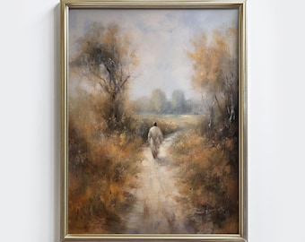 Arte mural de Jesús en el camino, Ven y sígueme, Impresión de Jesucristo, Arte cristiano imprimible, Decoración de pared para la entrada del Evangelio, Pintura vintage apagada