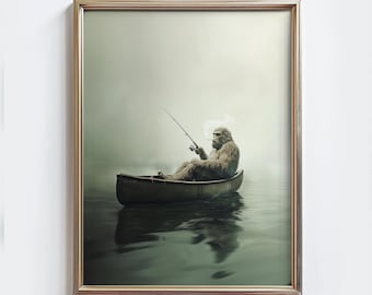 Bigfoot Fishing Wall Art, Funny Sasquatch Lake House Poster, Cabin Fisher Wall Decor (Digital Download)