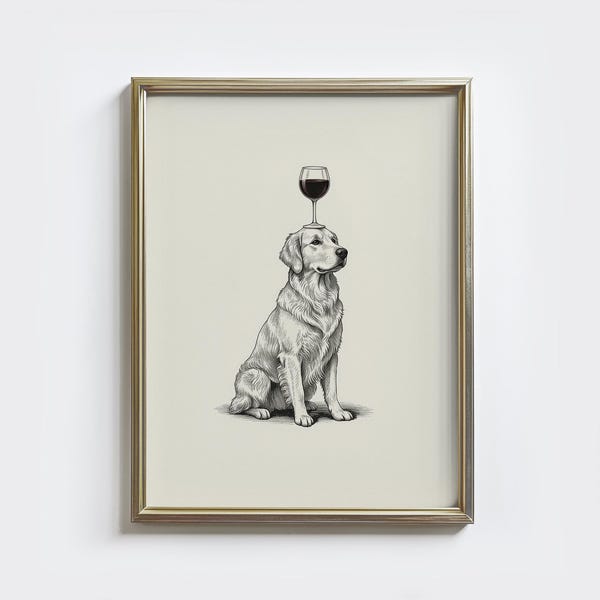 Lámina artística de Golden Retriever con temática de vino: boceto humorístico de un perro (descarga digital)