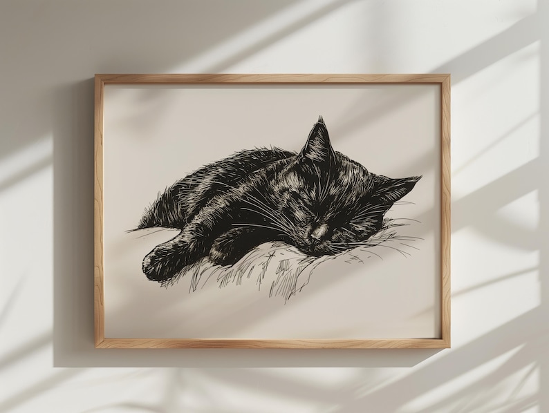 May include: A black and white line drawing of a cat sleeping on a pillow. The cat is curled up in a ball with its head resting on its paws. The drawing is framed in a light wood frame.