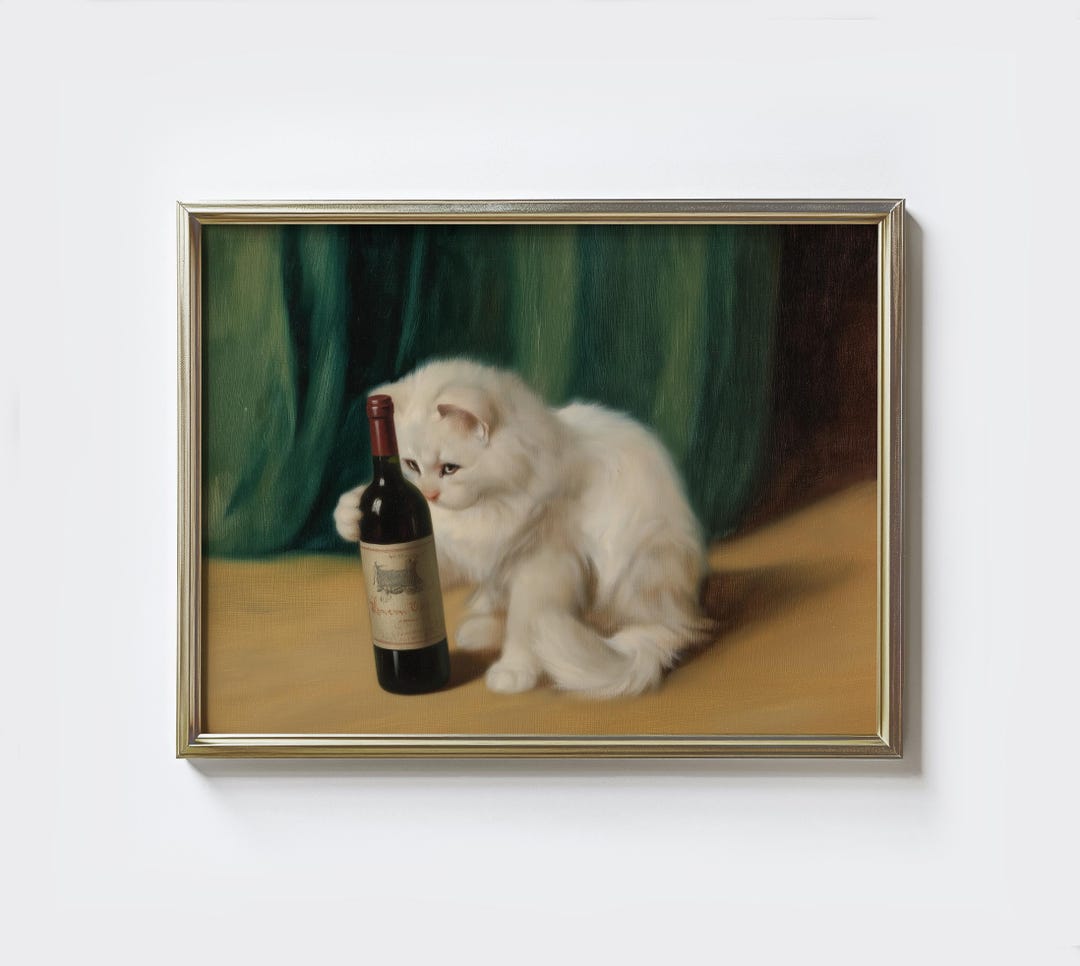 Vintage Cat With Wine Art Print: Whimsical Kitchen Decor (digital ...