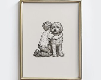 Vintage schetsafdruk Goldendoodle and Boy: doodle hond tekenkunst - muurdecoratie kinderkamer