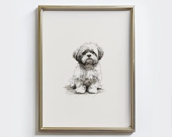 Shih Tzu Sketch Print: Vintage Dog Drawing Wall Art, Rustic Farmhouse Wall Decor