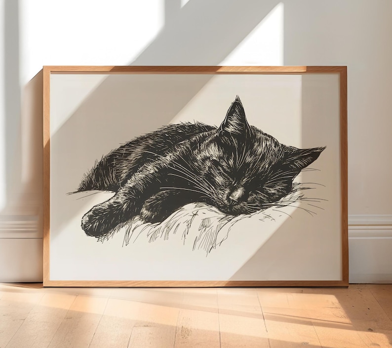 May include: A black and white line drawing of a cat sleeping on a pillow. The cat is curled up with its head resting on its paws.