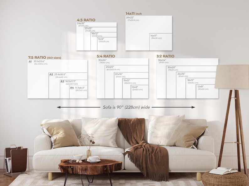 May include: A diagram showing different canvas sizes and ratios for artwork, with a sofa in the foreground. The text on the diagram reads "7:5 RATIO (ISO sizes)", "A1 33.1x23.4", "A2 23.4x16.5", "A3 16.5x11.7", "A4 11.7x8.3", "4:3 RATIO", "24x18", "20x15", "16x12", "12x9", "5:4 RATIO", "30x24", "25x20", "20x16", "15x12", "10x8", "14x11 inch", "20x22", "14x11", "3:2 RATIO", "36x26", "30x20", "24x16", "18x12", "12x8", "Sofa is 90" (228cm) wide".