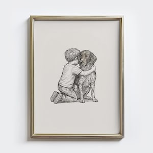 Puede incluir: Un boceto en blanco y negro enmarcado de un niño abrazando a un perro. El perro es de una raza manchada con orejas caídas. El niño está arrodillado y abrazando al perro, con sus caras cerca. La obra de arte está en un marco dorado.