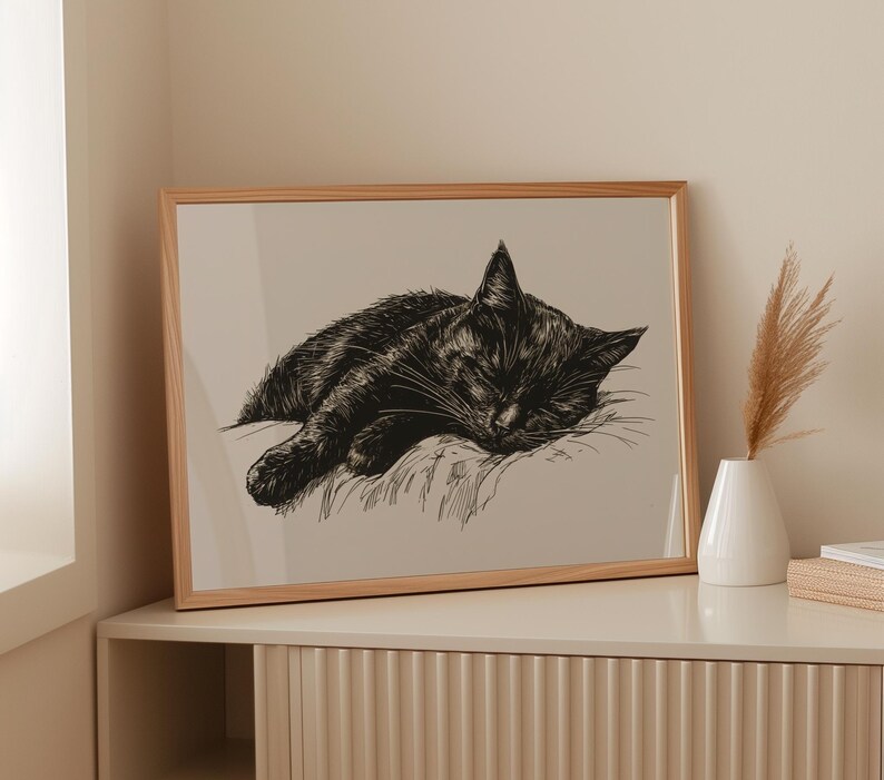 May include: A black and white illustration of a cat sleeping in a curled up position. The cat is drawn in a realistic style with detailed fur and facial features. The image is framed in a wooden frame and displayed on a shelf.