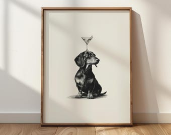 Dachshund & Martini Wall Art, Wiener Bar Cart Print, Rustic Dog Cocktail Decor, Printable Digital Download