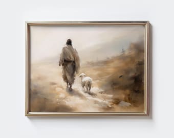 Jesus Leaves The 99 Art: The Lost Sheep Painting, Bible Verse Decor - Modern Christian Wall Art