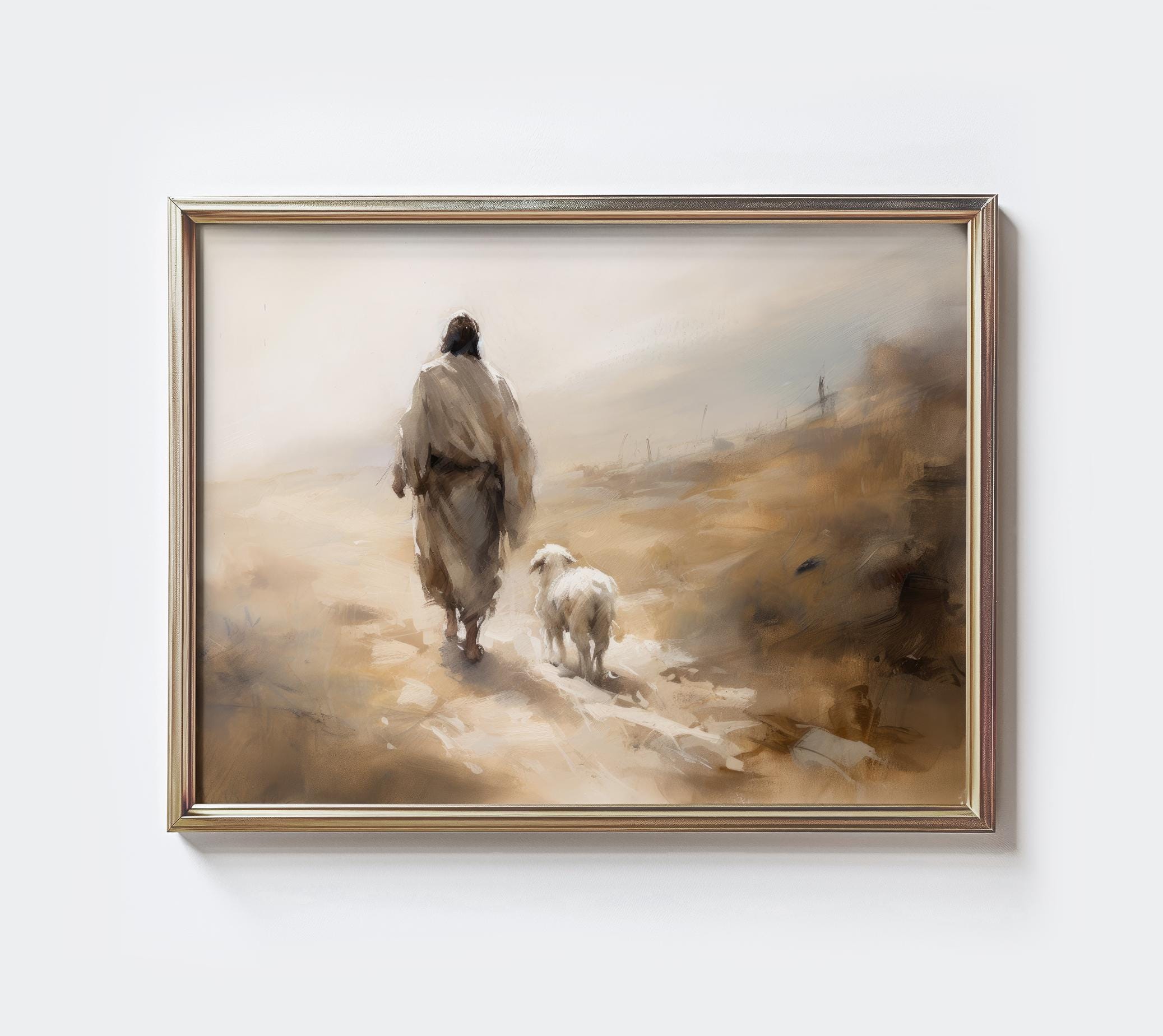 Jesús deja a los 99, Parábola de la oveja perdida, Arte mural de Jesús, El Buen Pastor, Pintura de Jesucristo, Arte mural de las Escrituras, Regalo cristiano