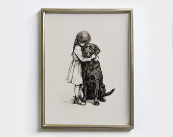 Girl Hugging Black Lab Print, Vintage Labrador Sketch Art, Nursery Girl's Room Wall Decor (Digital Download)