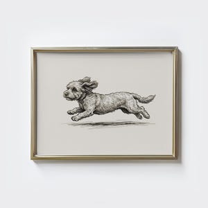 Könnte beinhalten: Gerahmte Schwarz-Weiß-Illustration eines kleinen Hundes im Sprung. Der Hund hat ein flauschiges Fell und Schlappohren, wobei seine Beine beim Laufen ausgestreckt sind. Das Kunstwerk ist vor einem neutralen Hintergrund.