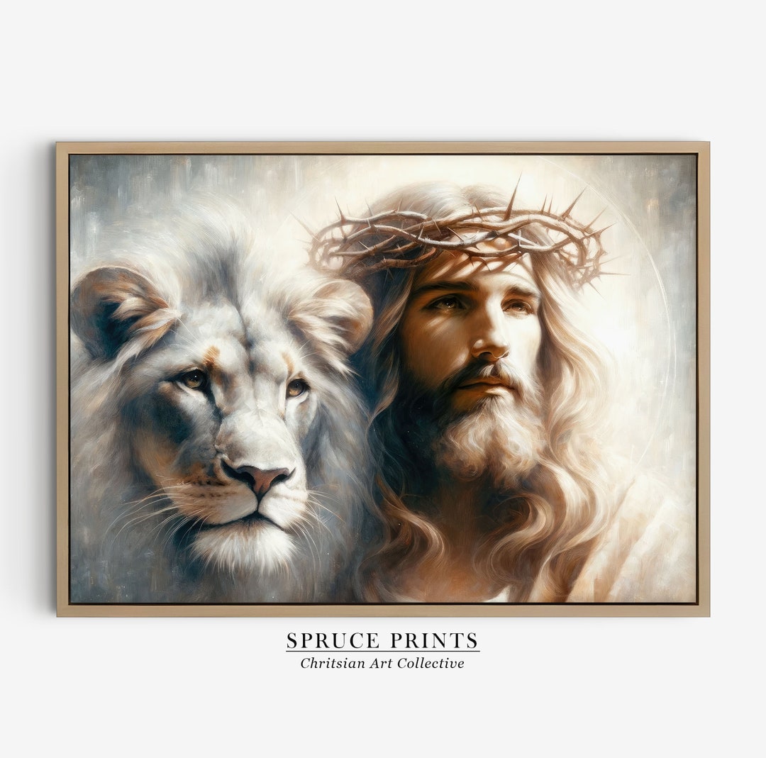 Lion and Jesus Wall Art, Lion of Judah, Crown of Thorns, Jesus Christ