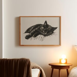 May include: A black and white illustration of a cat sleeping on a pillow, framed in a light wood frame.
