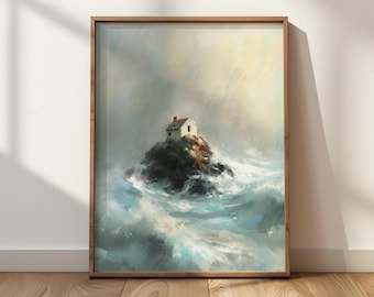 May include: A framed art print showing a small white house with a red roof on a rocky island in a stormy sea. The artwork has a wooden frame and a dramatic, painterly style with shades of blue, grey, and white.