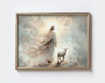Arte mural de la Parábola de la Oveja Perdida, Jesús deja a los 99, El Buen Pastor, Jesucristo y el Cordero, Arte mural de las Escrituras, Regalo cristiano